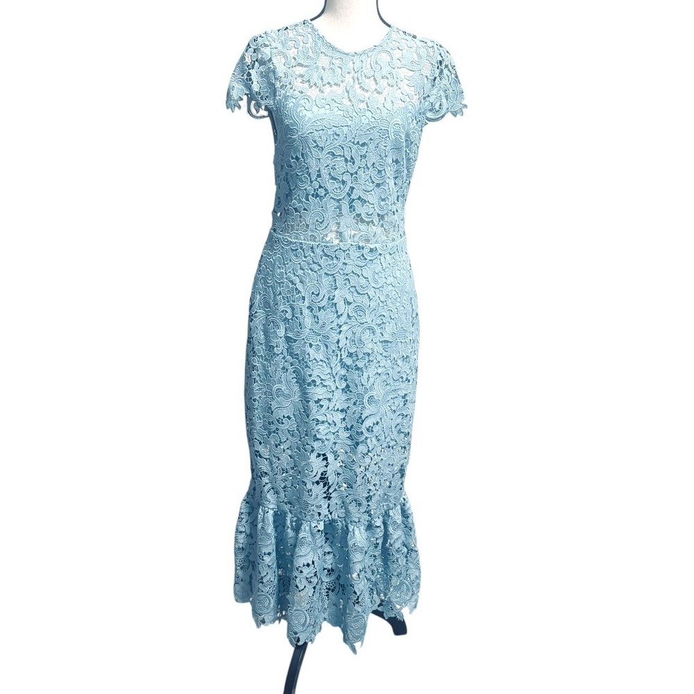 Alice + Olivia Clover Open Back Lace Dress Sz 8 Mineral Blue Ruffle - Picture 3 of 15